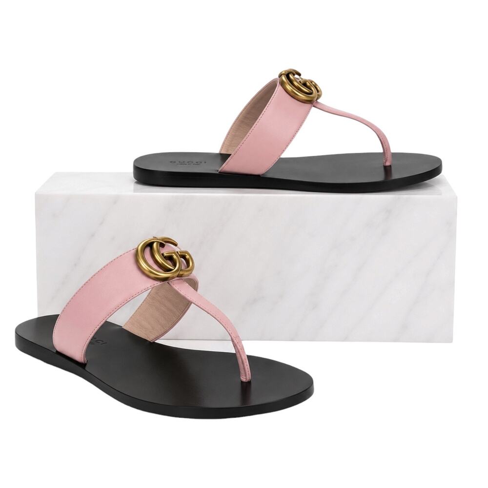 Gucci Pink Leather Thong Sandal Gold Double G Logo Size 36